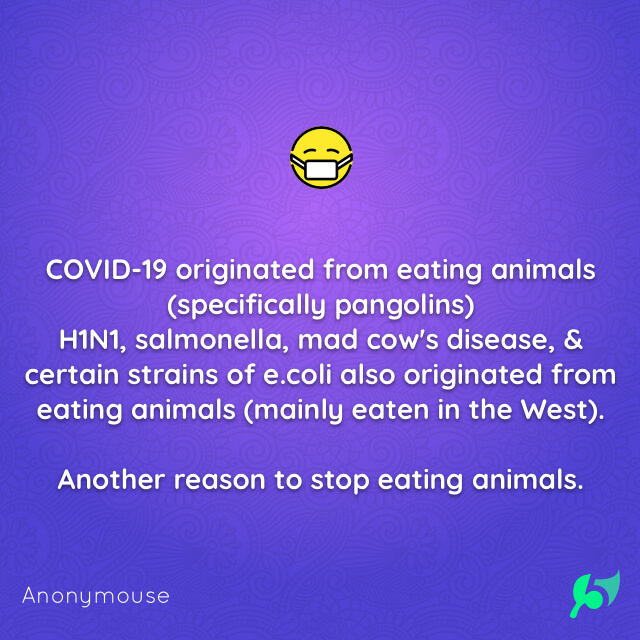 COVID-19 originated from eating animals (specifically pangolins) H1N1, salmonella, mad cow's disease, & certain strains of e.coli also originated from eating animals (mainly eaten in the West). Another reason to stop eating animals.